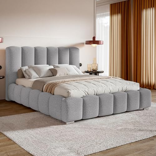 MOTIVENA Grand Bubble Bett 180x200 Grau Boucle, mit Stauraum, mit Kopfteil, mit Lattenrost, mit Füßen, ohne Matratze, Bubble Polsterbett 180x200 mit Bettkasten Grau (Hellgrau)