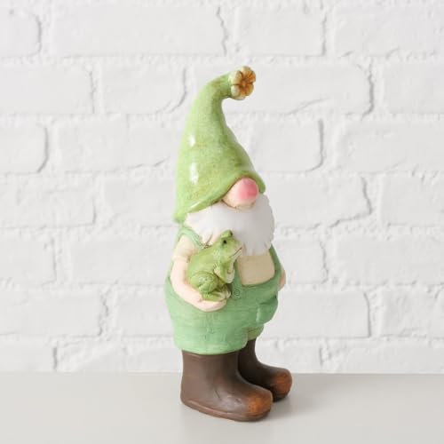 ReWu Dekofigur Joshy - Wichtel mit Frosch im Arm - Figur Gartendeko Wohndekoration Dekoaufsteller Sommer Frühling Aufsteller Gartenfigur 11 x 8,5 x 24 cm