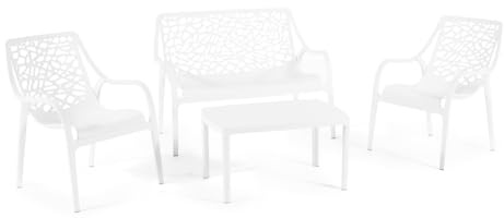 Set / Salon de jardin et extérieur en polypropylène avec fibre de verre 4 places, canapé deux places, 2 fauteuils et table basse, empilable, imperméable, design moderne - Set Maratea (Blanc)