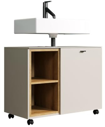 Waschbeckenunterschrank SaoPaulo Kaschmir · B 80 x H 64 cm | B 80 x H 64 x T 42 cm · Soft-Close-Dämpfer · feuchtraumgeeignet · Metallgriffe · 1 Tür, 2 offene Fächer, 2 Einlegeböden