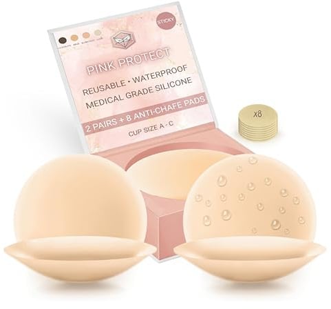Pink Protect – Lot de 2 Paires de Cache-tétons en Silicone médical réutilisables + Miroir de Poche – 8 Paires de Patchs adhésifs Invisibles, Respirants, Confortables et lavables pour Femme (Ivoire)