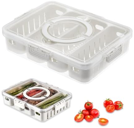 Fridge Food Storage Containers with Lids, 4 In 1 Airtight Food Storage Container Leakproof Fridge Organizer Bins with 4Pcs Removable Colanders for Snack Candy Salad Fruit Vegetables Meat Keeper Fresh