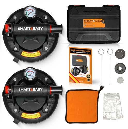 SMART&EASY Ventosas Profesionales 200kg con Manómetro para Cristal Azulejos Mármol Granito - Set 2 Ventosas 200mm con Maletín - Instalación Transporte