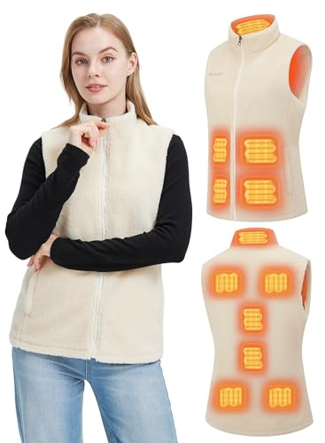 Gokozy Fleece Beheizbare Weste Damen mit 11 Heizzonen & 7.4 Akku,elektrische Teddyfell Heizweste Damen Kuschelige Wärmeweste Ideal für Herbst & Winter