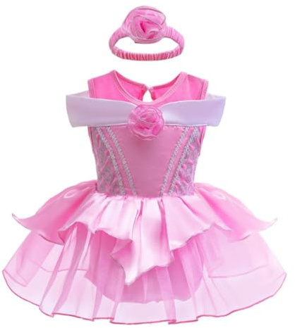 Lito Angels Barboteuses Princesse Aurora pour Bebe Fille Deguisement Rose de Fete Anniversaire Halloween Carnaval Bandeau Doux Taille 12-18 Mois