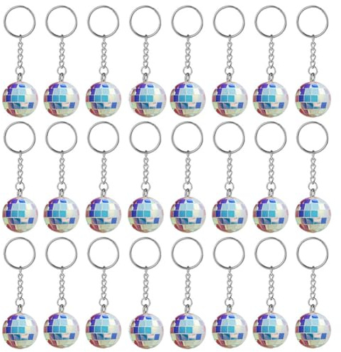 Koolenry 24 Pcs Mirror Disco Ball Keychains Bulk Mini 70s Disco Keychains 1970s Disco Accessories for Disco Partys Supplies