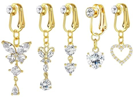 NICENEEDED 5 PCS Faux Piercings au Nombril Bijou de Nombril à Clip Papillon Cœur Faux Diamant Pendant sans Perçage Piercing au Nombril en Cuivre