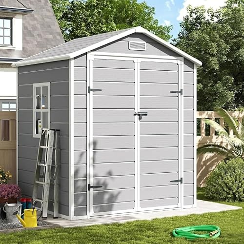 UDPATIO Casetta da Giardino in Resina, 183x137x210 cm, 3.9 m³ Capanno Attrezzi con Doppia Porta a Battente e Serratura, Armadio da Esterno Impermeabile per Tagliaerba e Giardinaggio, Grigio Fumo