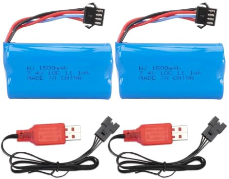7.4V 1500mAh Rechargeable Battery(2-PCS & USB Charging Cable & SM-4P Plug) Compatible with EC08 RC Toy Car Model Off-Road Vehicle Climbing Drift Racing Remote Control Boat Battery