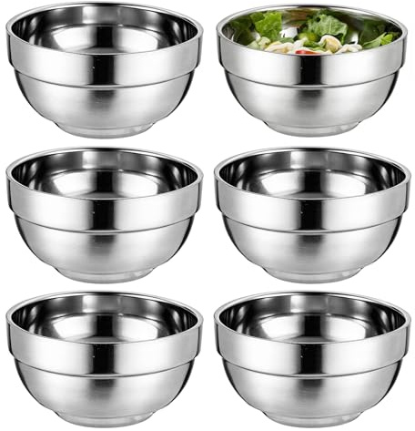 BORDEAG 6 Stück Edelstahl Schüssel, 500ml Rührschüssel Edelstahl, Müslischale aus Edelstahl, Salatschüssel Edelstahl für Küche, Zuhause, Camping, Outdoor, Party, Grillen, Doppelwandige Isolierung