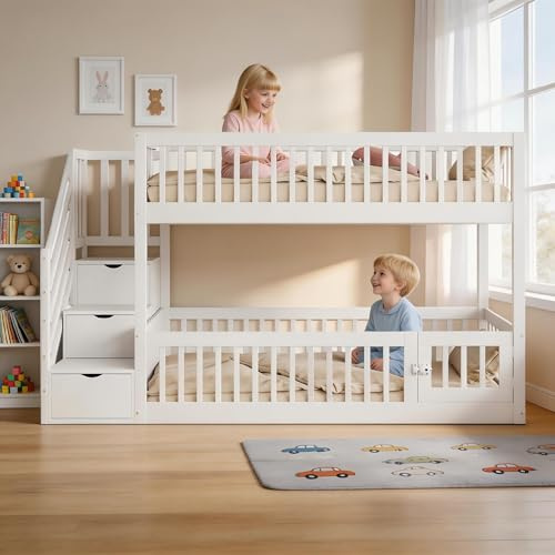 Su & Chan Legence Etagenbett 90x200, Kinderbett Hochbett mit Treppe und Stauraum, Bettgestell mit Schubladen und Sicherheitsgeländer für Kinder, Robuste Holzkonstruktion, Weiß
