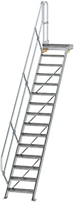 Aluminium-Treppe mit Plattform 45°, Stufenbreite/Stufentiefe 600 / 240 mm Stufenanzahl 15, Senkrechte Höhe 3,12 m