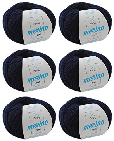 MyOma Merino Wolle Marine (Fb 409) - 6 Knäuel Dunkelblaue Merinowolle - Mischgarn Zum Stricken + GRATIS Label - 50g/120m - Weiche Mischwolle