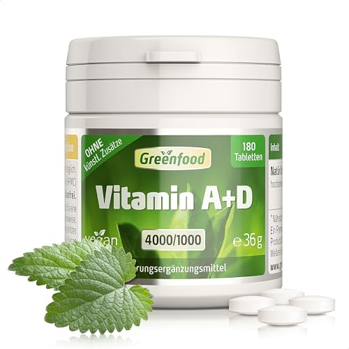 Vitamin A + D, hochdosiert, 180 Tableten - OHNE künstliche Zusätze | Vit A 4000 IE, Vit D 1000 IE, Sehkraft, Knochen, Zähne, Immunsystem, Hohe Bioverfügbarkeit, Laborgeprüft, Halal, Vegan