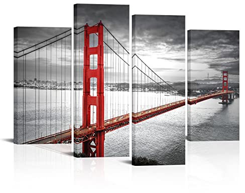 Visual Art Decor Schwarz und Weiß Wohnzimmer Dekoration San Francisco Golden Gate Bridge Landschaft Bild Druck auf Leinwand gerahmt Wall Decor Art fertig Zum Aufhängen Large 01 4 Panels