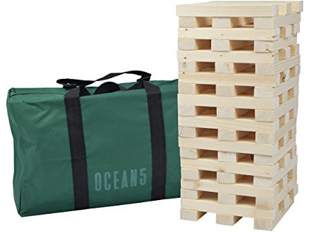 Ocean 5 Tour vacillante géante de la Marque en Bois Naturel Massif, Jeu de Tour de Pile en Format XXL 60 pièces (21x4x2,5cm), jusqu'à 1.5m de Haut avec Le Jeu d'adresse de Pile