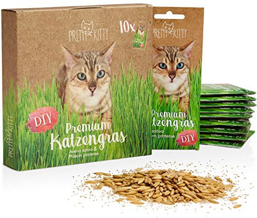 PRETTY KITTY Premium Katzengras Saatmischung: 10 Beutel je 25g Katzengras Samen für 100 Töpfe fertiges Katzengras – Eine grüne Katzen Wiese – Natürliche Katzen Leckerlies – Pflanzen Samen - Grassamen