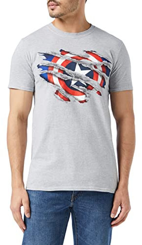 Marvel Men's Captain America Torn T Shirt, Grey Heather, L UK
