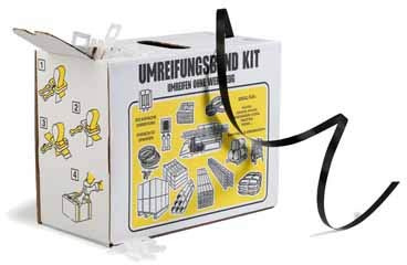 PP-Umreifungsset, 12mmx0,55mmx600lfm (B x Stärke x Lauflänge), schwarz, mit 200 Kunststoffschnallen, 1 Packung