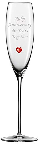 Chichi Gifts 2 Ruby Anniversary 40 Years Together Pair of Champagne Flutes Glasses with Ruby Heart Gem