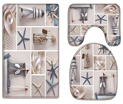 A.Monamour Badezimmer Badematte Set Collage Aus Seestern Muschel Leuchtturm Boot Flasche Perle Weißen Sandstrand Nautisch Teppich Flanell Saugfähig Badteppiche Badvorleger Badgarnitur WC Vorleger