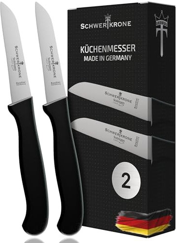 Schwertkrone® Schälmesser 2er Set [MADE IN SOLINGEN - GERMANY] - Gemüsemesser Obstmesser - Küchenmesser klein scharf - Schneidemesser Kartoffelschälmesser - Allzweckmesser rostfrei (2x7,5 cm gerade)