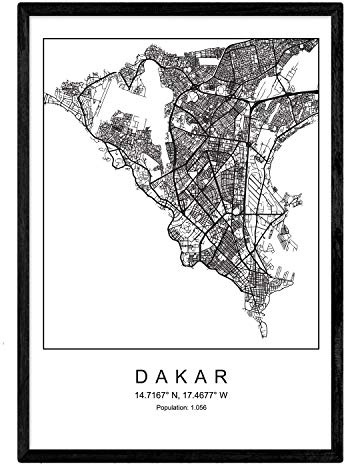 Nacnic Fiche Plan de la Ville de Dakar Style Nordique Noir et Blanc. Affichage A4 Papier imprimé No 250 GR. Peintures, estampes et Affiches pour Le Salon et Chambre à Coucher