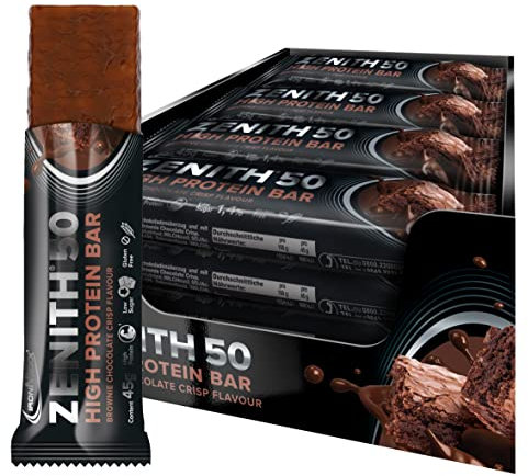 IronMaxx Zenith 50 High Protein Brownie Chocolat Croustillant | Lot de 16 x 45 g | Protein Bar avec 50% de Protéines, Faible en Sucre | Snack Nutritif Énergie Quotidienne