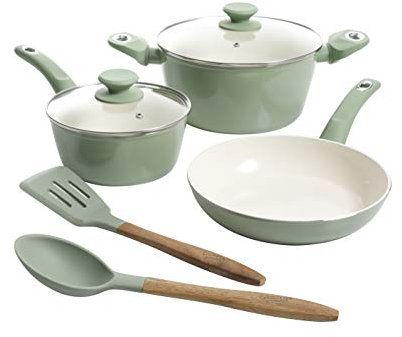 Gibson Home Plaze Café' Utensilios de cocina de cerámica antiadherente de aluminio forjado con base de inducción y mango de baquelita suave al tacto, juego de 7 piezas, verde menta