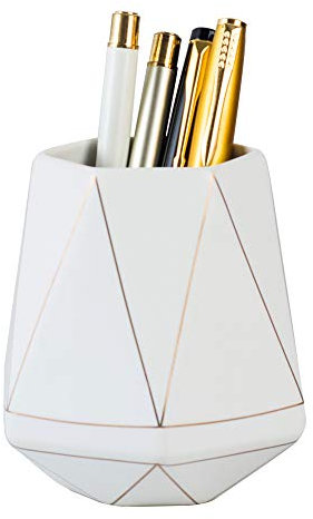 YOSCO Keramik-Stifthalter für den Schreibtisch, niedlicher Stiftehalter, Goldlinie, Bleistiftbecher, Schreibtisch-Organizer, Make-up-Pinselhalter (weiß)