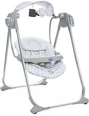 Chicco Polly Swing Up Altalena Elettrica Neonato da 0 Mesi a 9 Kg, Sdraietta Regolabile e Dondolo Automatico, con Vibrazione, Giochi Pendenti, Musiche e Telecomando, Chiusura Compatta, Leaf, Grigio
