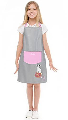 Viedouce Schürzen für Kinder Schule, Wasserdicht Kinderschürze Schürze Mädchen, Kochschürze Mädchen, Schurzen für Schul Garten Bemalen Kochen (4-13jahre)