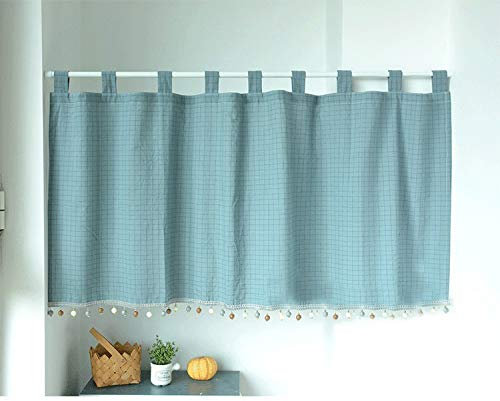 Yaland Elegant Schlaufenschal karo Gardine Karierte Küche Gardine Scheibengardine mit Kugeln-Kante Landhausstil Bistrogardine mit Raffhalter (HxB 50x100cm, dunkelblau) 1 Stück