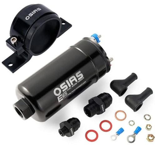 OSIAS External Fuel Pump EFI 380LH 1000HP High Flow 12V 145psi Universal Solid Petrol Fit for AN10 Inlet / AN6 Outlet + Bracket E85 Compliant Bosch 044 style