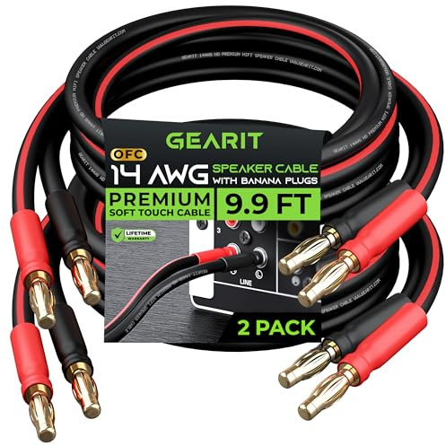 GearIT 14 AWG Speaker Cable With Banana Plugs (2 Pack, 9.9 Feet - 3 Meter) for Bi-Wire Bi-Amp HiFi Surround Sound - 99.9% OFC Copper, Gold Plated Tips - Black, 10 Ft