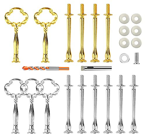Zasvec Etageren Stangen Set 5 Sets Etagere Bausatz Stange für Etagere Etageren Stäbe Metallstangen für Etagere Tortenständer 2-3 Stöckig Blume Form Gold und Silber mit Bohrer