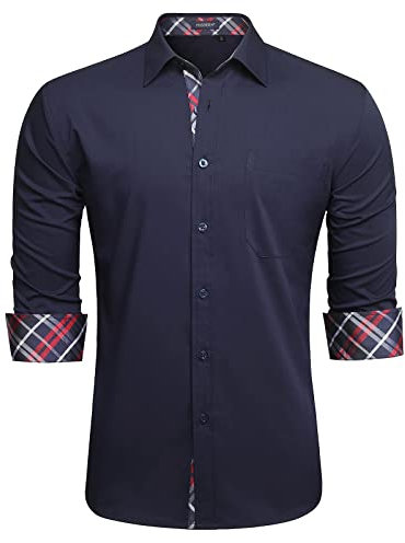HISDERN Mens Dress Shirt Long Sleeve Navy Blue Formal Stretch Smart Shirt for Men Adult Regular Fit Button Down Designer Casual Wedding Non Iron with Pockets,Navy 1,M