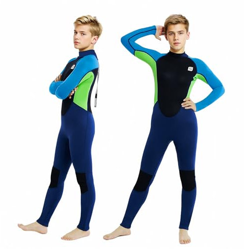 Summshall Neoprenanzug Kinder, 2.5mm Neopren Kinder Neoprenanzug Jugend Kurz Lang Wärmender Neoprenanzüge Thermal Badeanzug für Mädchen und Jungen zum Tauchen, Schwimmen, Surfen, Lang-Blau Grün M