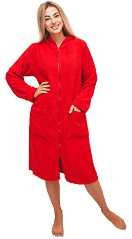 ALLEN & MATE Unisex-Bademantel mit Kapuze, Frottee aus 100% Baumwolle, Komfort-Badetuch mit Reißverschluss – ideal für Männer und Frauen (L, Rot)