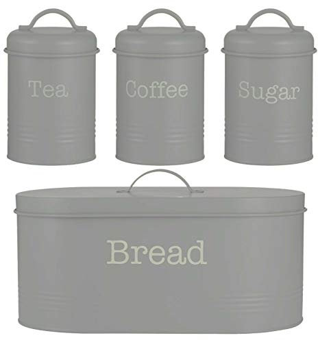Rammento Typhoon Rippled Metal Tea Coffee Sugar Canister Set & Bread Bin Crock Set Grey