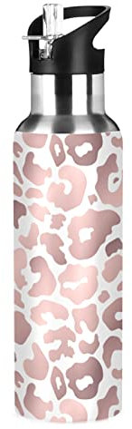 Bottiglia d'acqua in acciaio inox con nuovo coperchio in paglia a manico largo con stampa leopardata rosa bottiglia termica portatile a prova di perdite per bambini