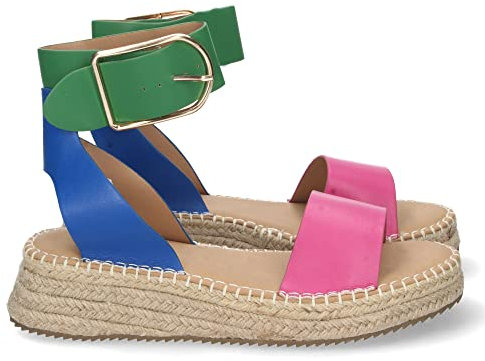 66545-Sandalia Plana Mujer Estilo Casual, con Yute, Pala Fina, Talon Abierto y Cierre de Pulsera con Hebilla en el Tobillo. Primavera Verano 2020. Talla 39 Fucsia