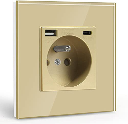 BSEED Prise Murale avec USB et 1 Type C,16A Prise de Courant Alternatif avec Panneau en Verre,Multiprise Murale Max 2.1A,Convient au Smartphone, à la Tablette (1 Prise avec USB et Type C,Or)