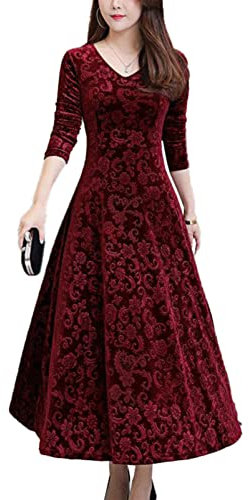CHICTRY Women's Elegant Velvet Long Sleeve Jacquard Maxi Swing Dress Winter Party Long Dresses Burgundy M