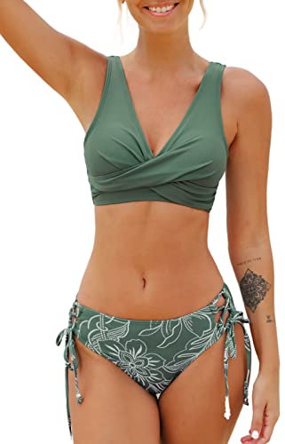 Cupshe, Bikini da donna a incrocio sul davanti e motivo laterale con laccetti, Verde scuro, S
