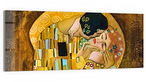 DEQORI Glasbild Echtglas | Motiv Der Kuss von Gustav Klimt | horizontal einteilig 150x60 cm | schöne Dekoration | Wandbild für Wohnzimmer, Schlafzimmer, Flur & Küche | moderne Wanddeko