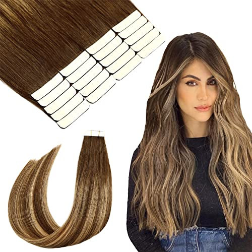 SURNEL Tape in Echthaarverlängerungen 20 Zoll Braun Balayage #4/27/4 Schokoladenbraun gemischt Karamellblond Tape Extensions Echthaar 20 Stück 50 Gramm(tape#4/27/4-50cm)