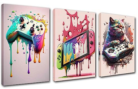 Walarky Cat Colorful Game Sign Canvas Wall Art Colorful Boy Gift Picture Wall Decor Watercolor Gaming Themed Prints Poster for Office Home Wall Decor Modern Artwork Stretched Easy to Hang 42''Wx20''H