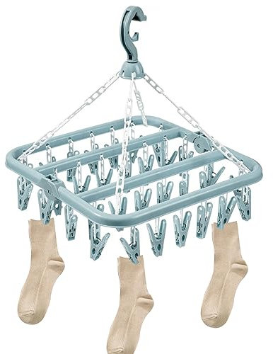 Vueinrg Hängend Sockentrockner Wäscheständer Sockenhalter Faltbar Sockenaufhänger Winddicht Unterwäsche Kleiderbügel mit 32 Clips Socken Aufhänger für Kleine Wascheartikel Handtücher (Blau)