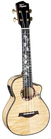 Fame Maple Deluxe Konzert Ukulele, Vollmassive Ahorn Decke und Boden, Mahagoni Hals, Belcat Tonabnehmersystem, Natural Hochglanz Finish, Inklusive Gigbag